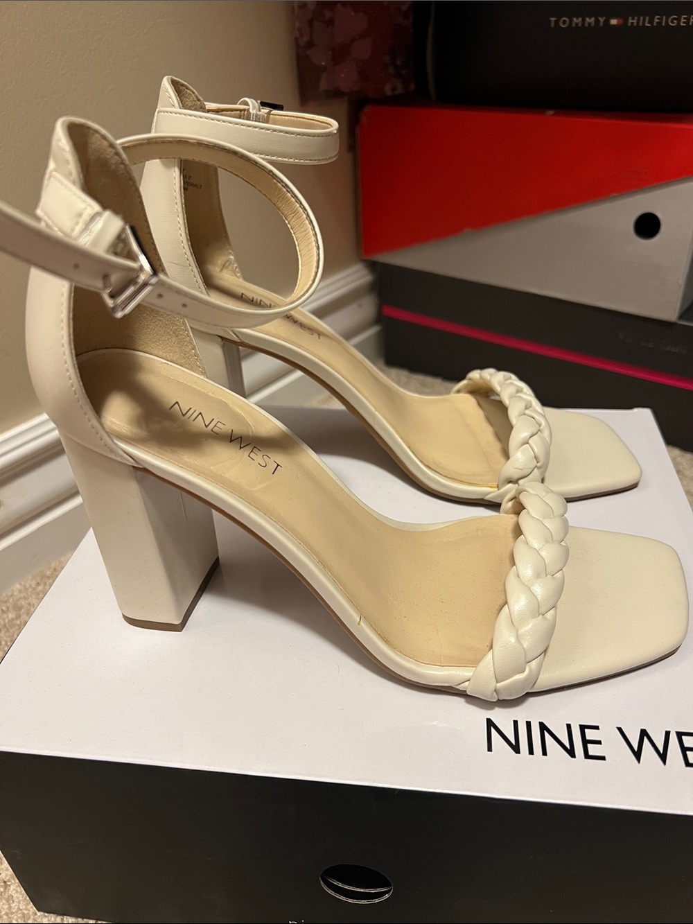 Nine West Cream Braided Strap Block Heel Sandals with Ankle Strap